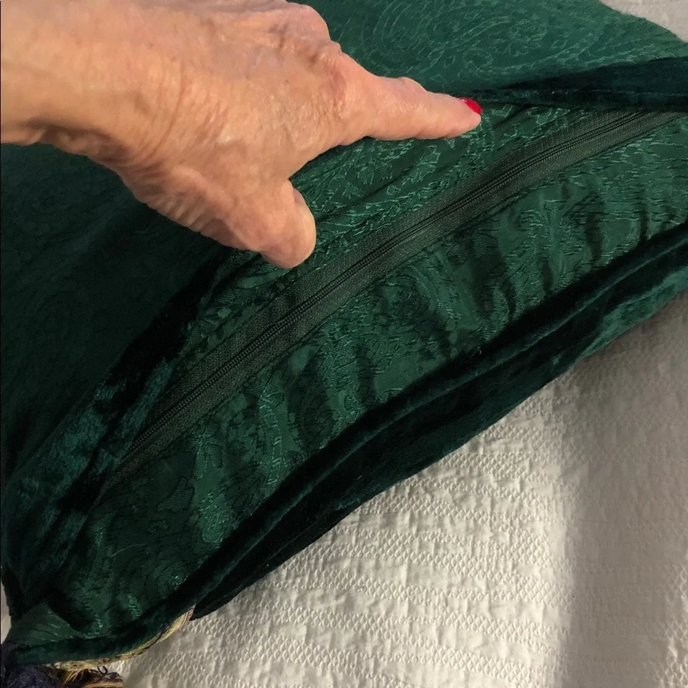 GREEN VELVET PILLOW WITH TASSELS & PAISLEY BORDER TRIM •
